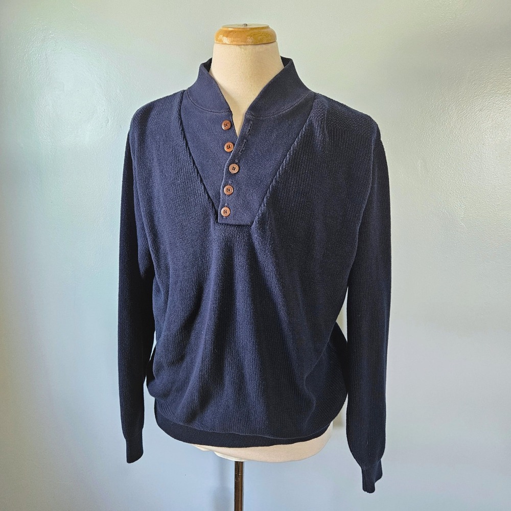Vtg Lands End Mens XL Navy Blue Cotton Henley Mock Neck Sweater Made USA 46-48